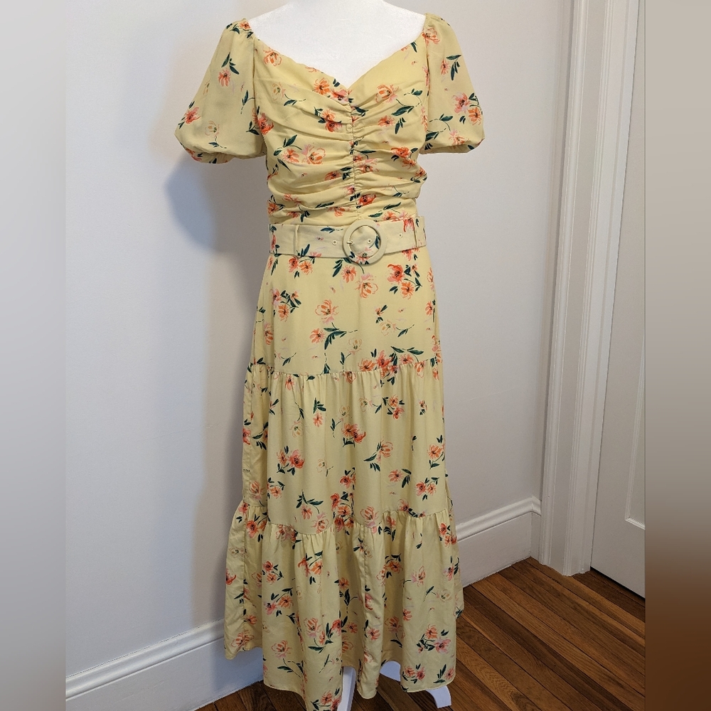 Paloma Blue Floral Evie Belted Midi Dress Sz Large See Measurements